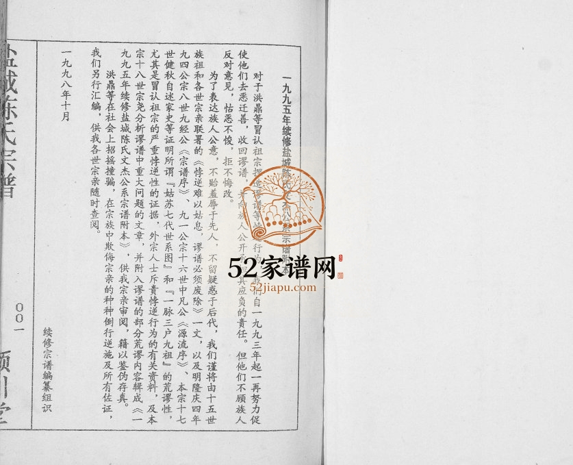 1998年修盐城陈氏文杰公系宗谱 江苏颖川堂陈姓电子版族谱下载