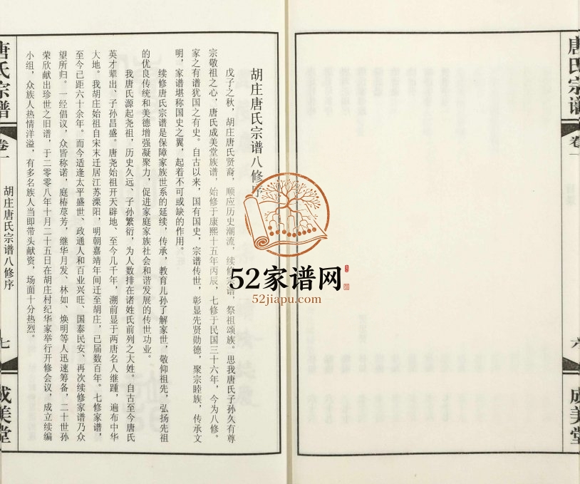 2009年八修胡庄唐氏宗谱[8卷]江苏溧阳成美堂唐姓电子版族谱下载