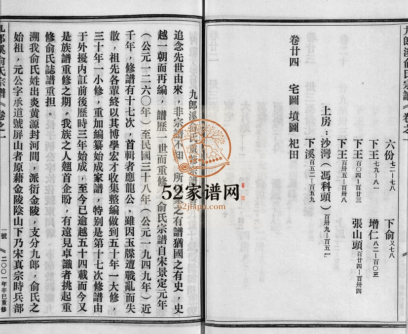 2001年修九郎溪俞氏宗谱[24卷]浙江仙居 永嘉俞姓电子版族谱下载