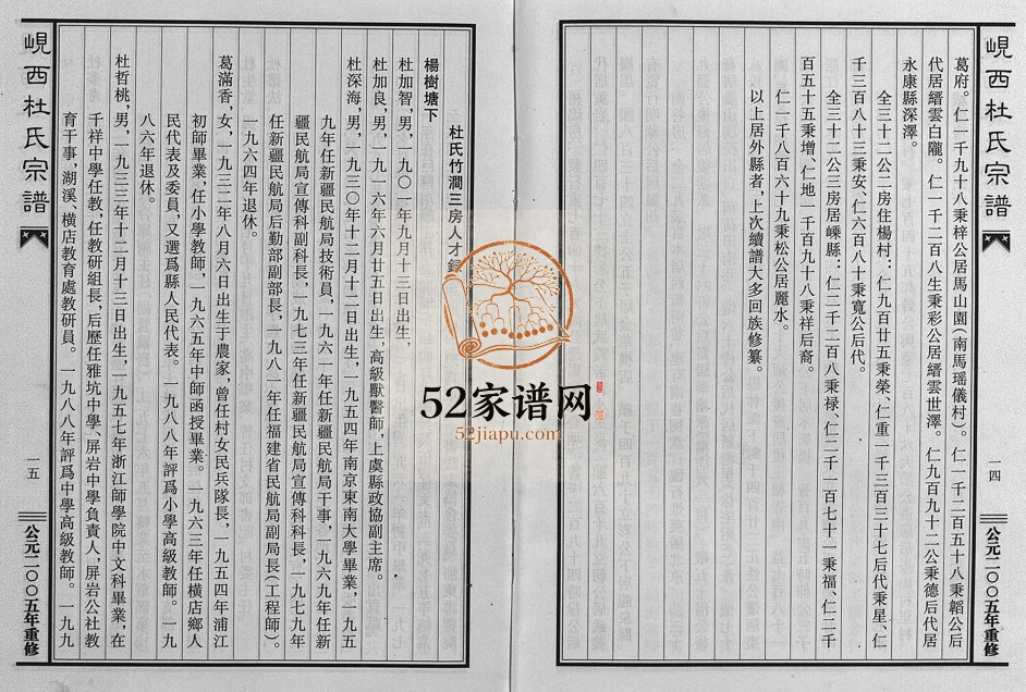 2005年重修杜氏岘西竹涧三房宗谱[4卷]浙江东阳杜生堂杜姓电子版族谱下载